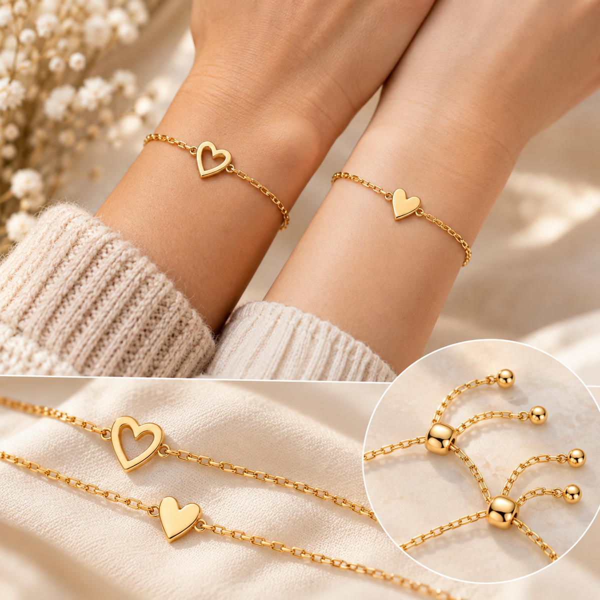 Love Bracelet Set – Matchende hjertearmbånd i 14K gullbelagt