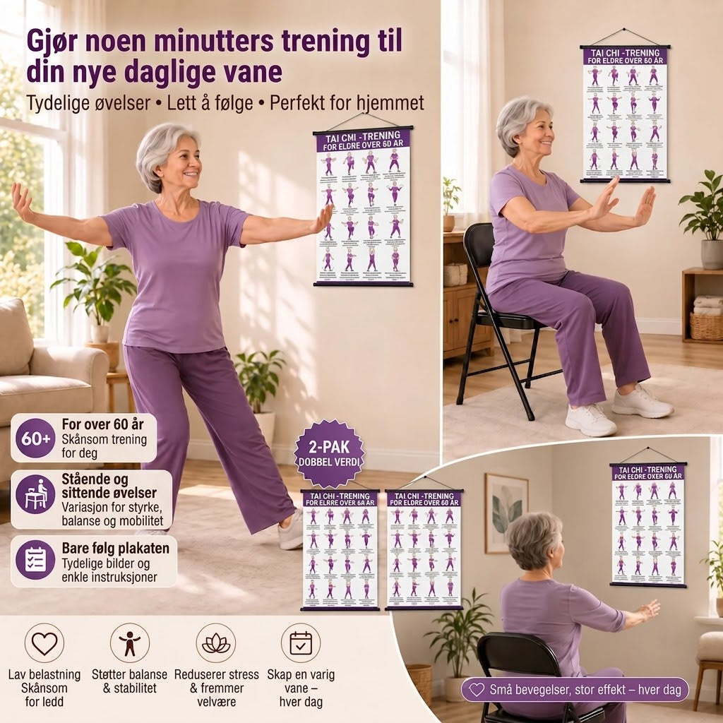Tai Chi stoltrening – Sett med 2 plakater for enkel hjemmetrening (60+)