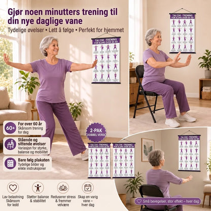 Tai Chi stoltrening – Sett med 2 plakater for enkel hjemmetrening (60+)
