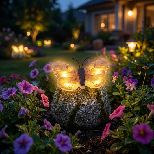 LunaGlow™ | Solcelledrevet hagestein med innebygd lysende sommerfugl