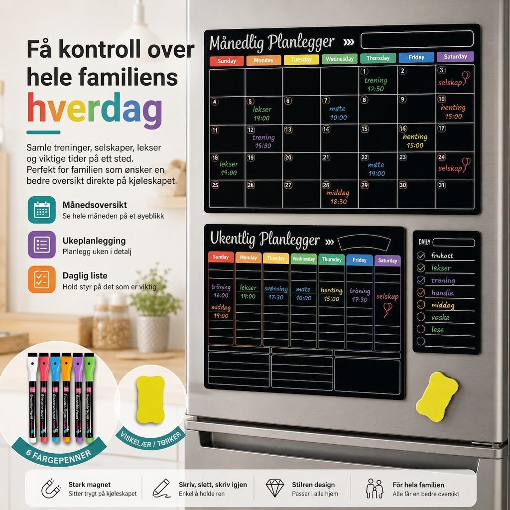 Magnetisk Familieplanlegger – Måneds-, Ukes- og Dagstavle