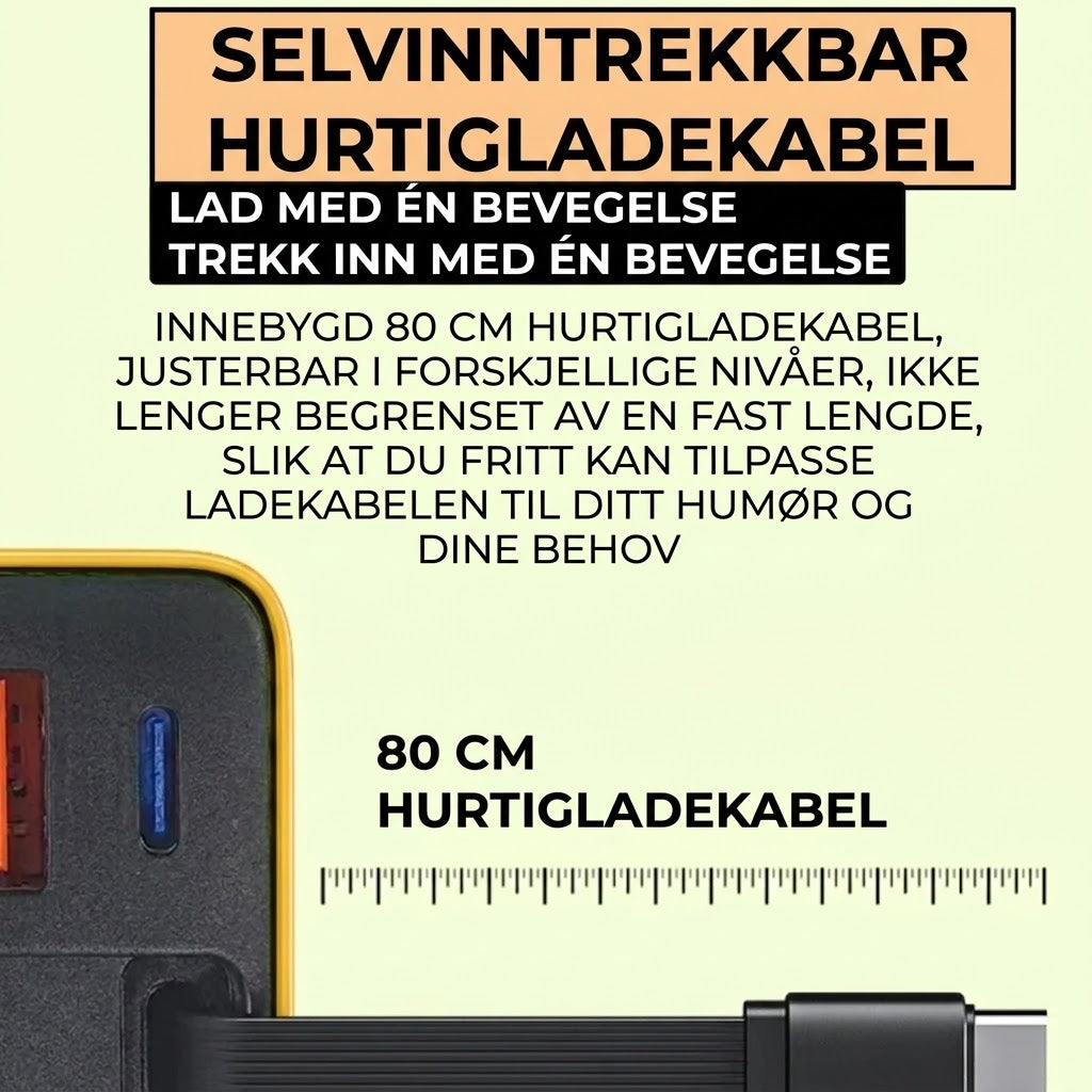 65W Type-C Hurtiglader (80 cm) med USB- og Type-C-port