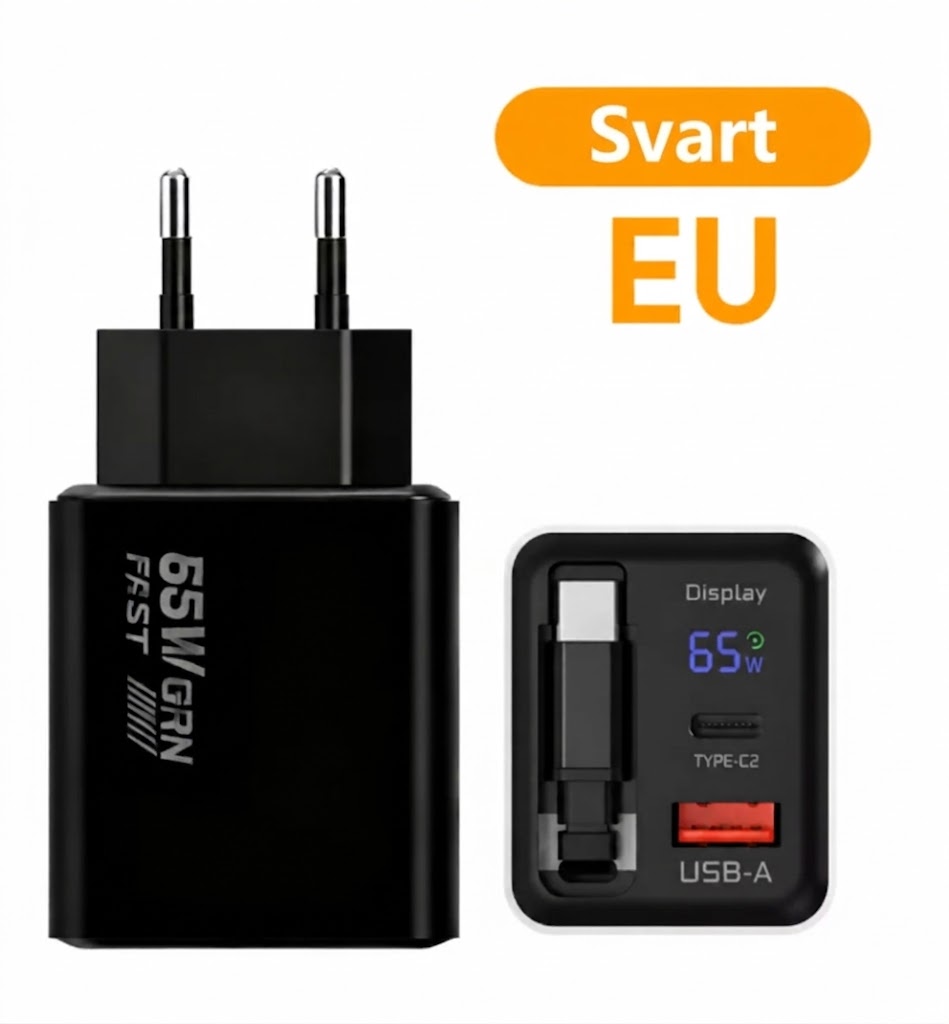 65W Type-C Hurtiglader (80 cm) med USB- og Type-C-port
