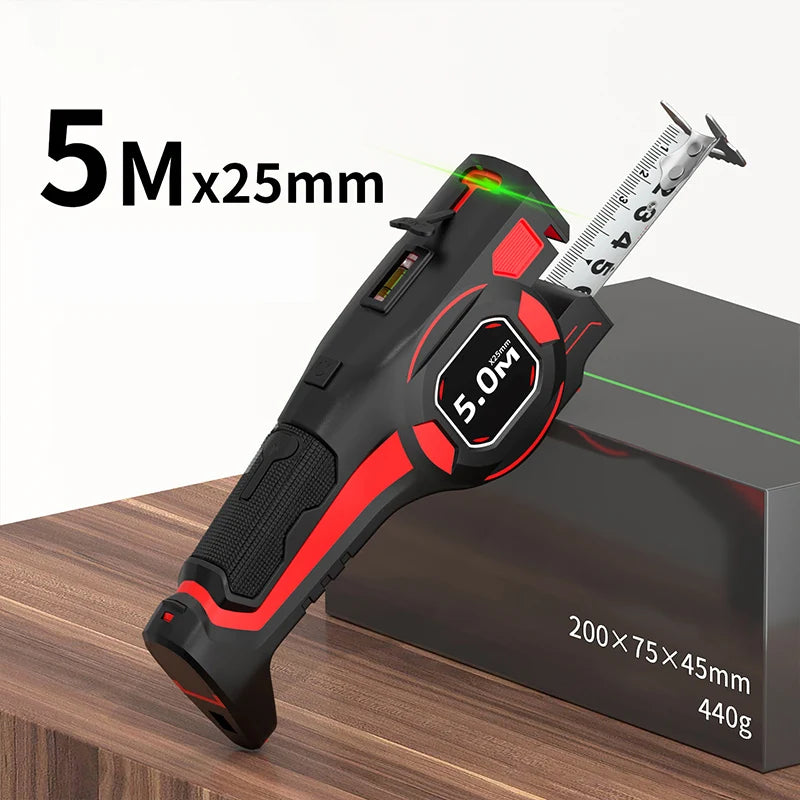 Målebånd med laser og vater