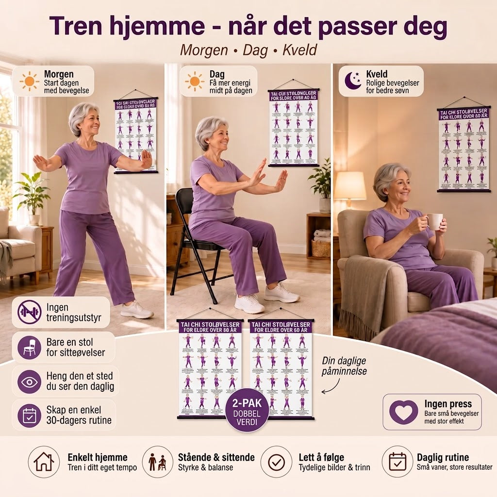 Tai Chi stoltrening – Sett med 2 plakater for enkel hjemmetrening (60+)