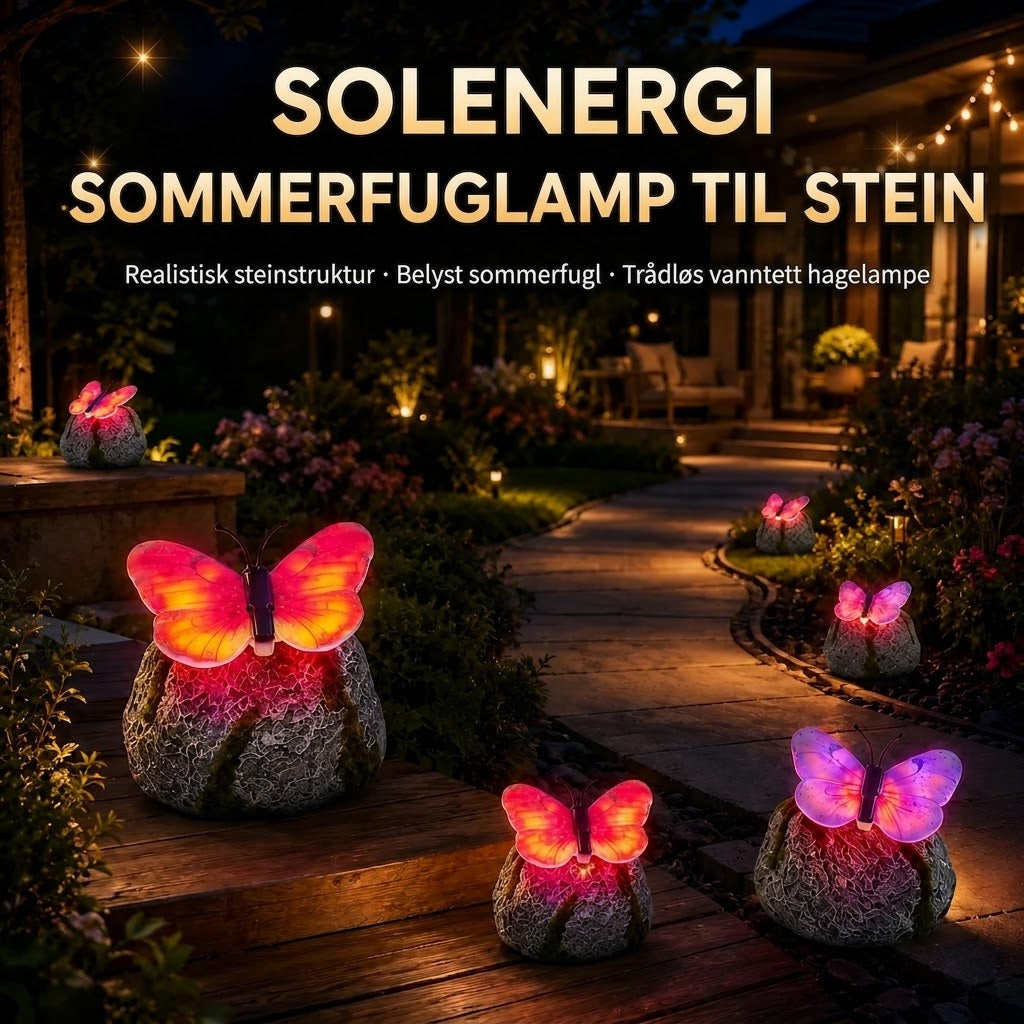 LunaGlow™ | Solcelledrevet hagestein med innebygd lysende sommerfugl