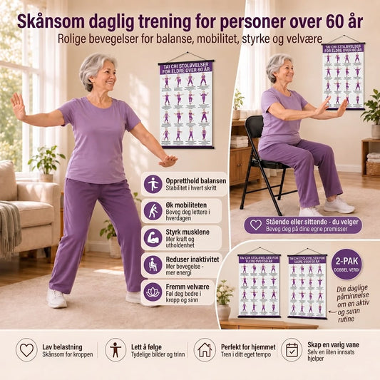 Tai Chi stoltrening – Sett med 2 plakater for enkel hjemmetrening (60+)