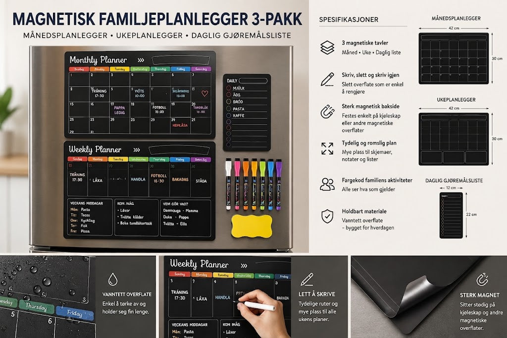 Magnetisk Familieplanlegger – Måneds-, Ukes- og Dagstavle