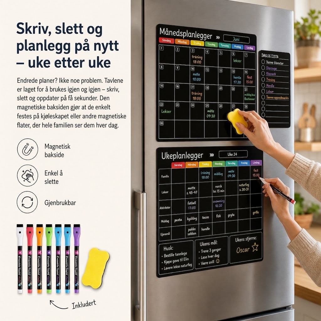 Magnetisk Familieplanlegger – Måneds-, Ukes- og Dagstavle