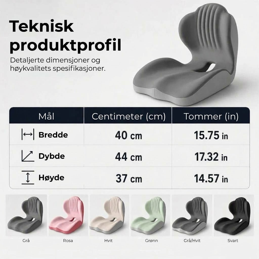 Ergonomisk sittepute med ryggstøtte i minneskum