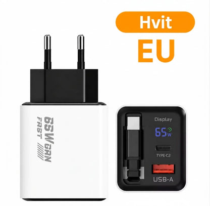 65W Type-C Hurtiglader (80 cm) med USB- og Type-C-port