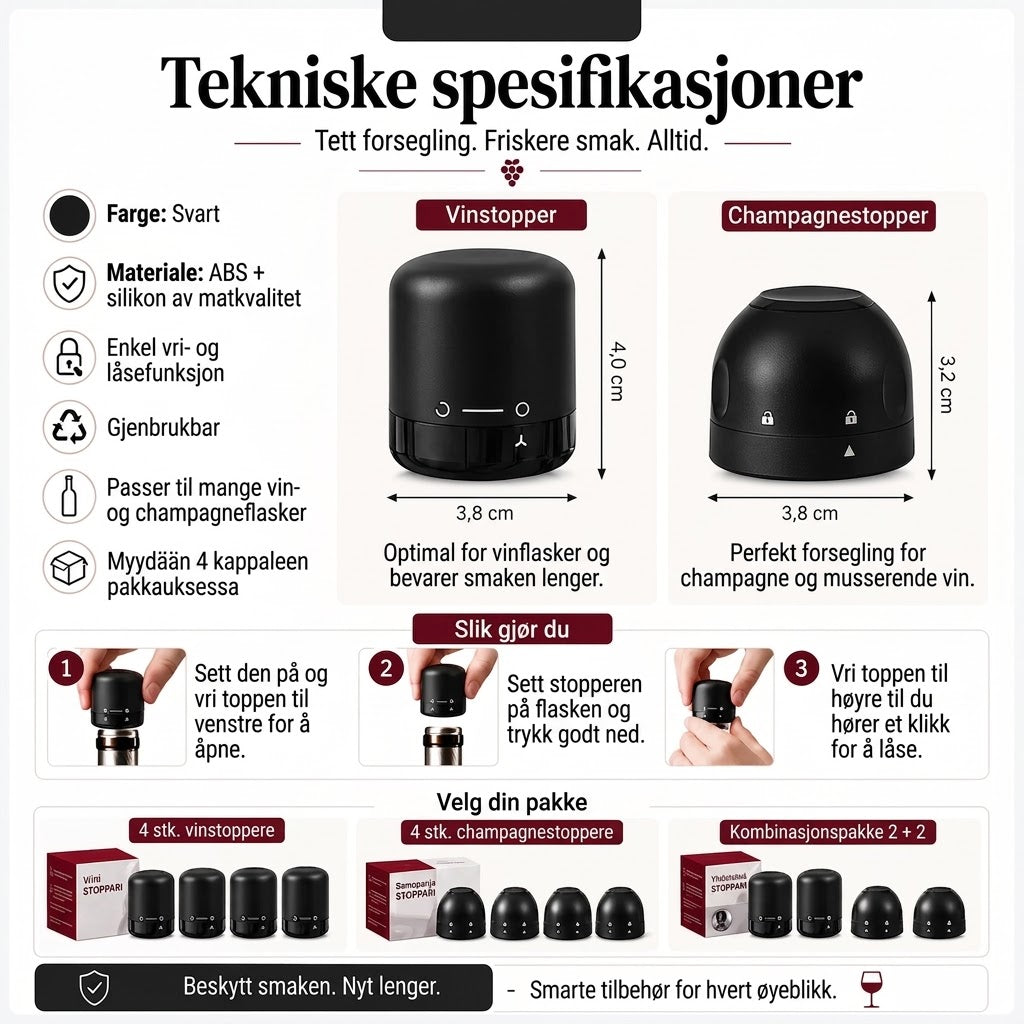 Flaskestopper for vin og champagne