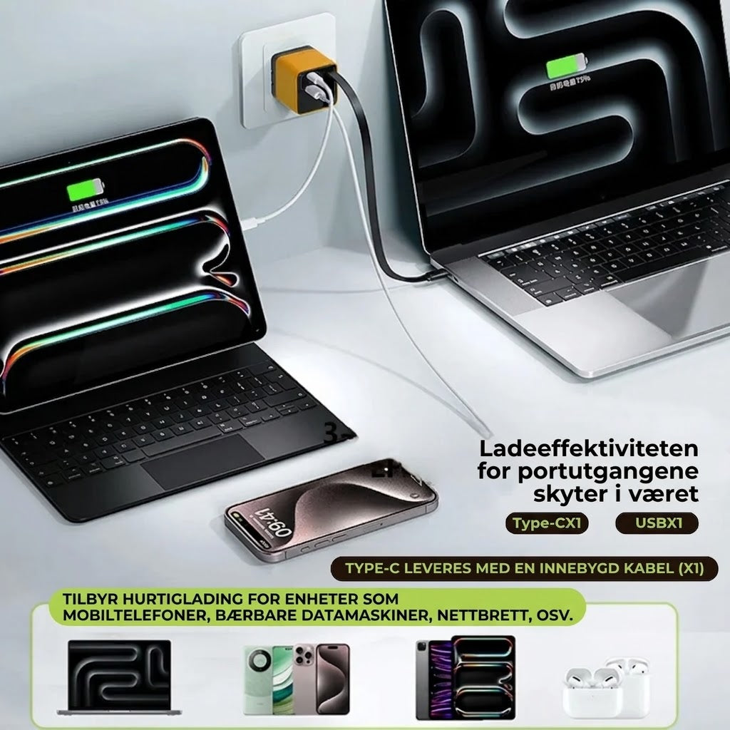65W Type-C Hurtiglader (80 cm) med USB- og Type-C-port