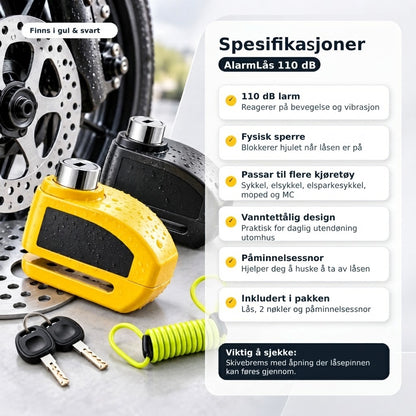 AlarmLås 110 dB – Bremseskivelås for sykkel, moped og MC