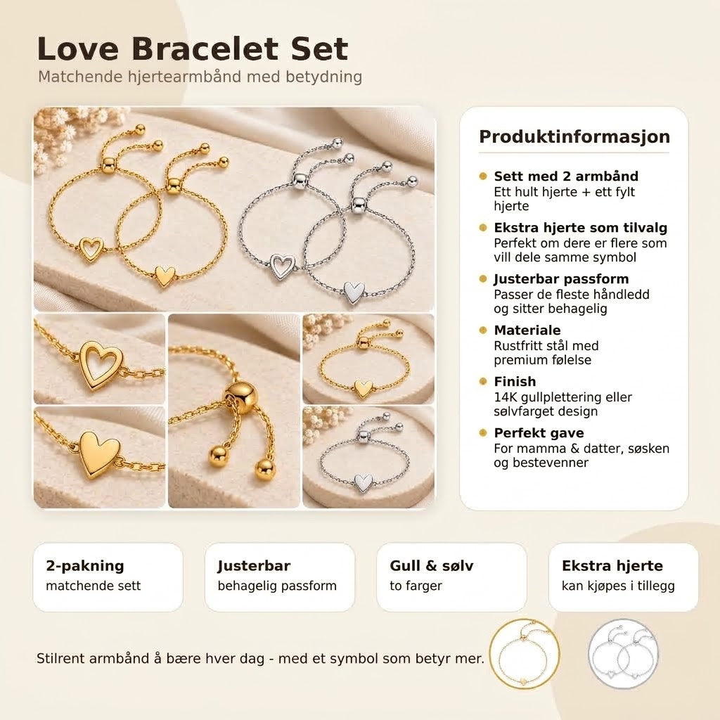 Love Bracelet Set – Matchende hjertearmbånd i 14K gullbelagt