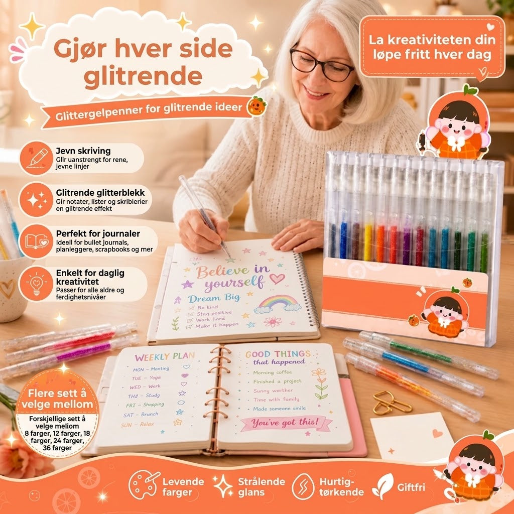 Sett med smittefrie glitter-gelpenner