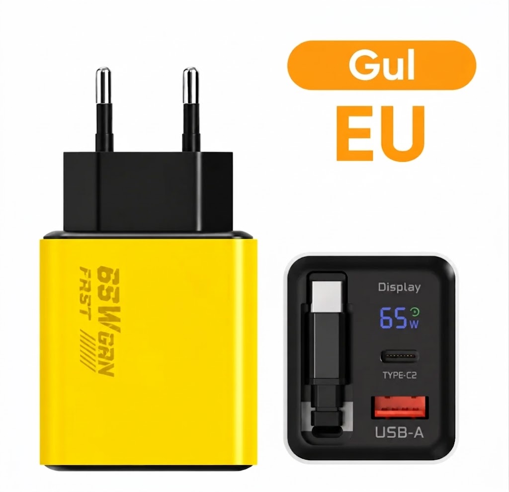 65W Type-C Hurtiglader (80 cm) med USB- og Type-C-port