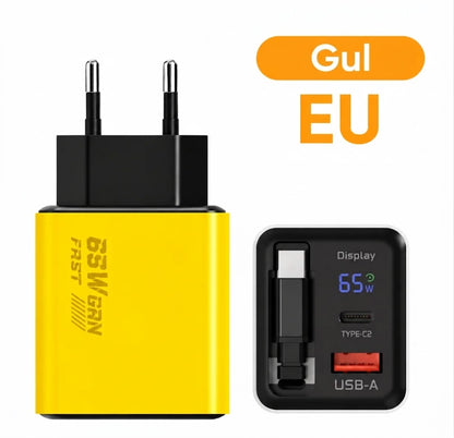 65W Type-C Hurtiglader (80 cm) med USB- og Type-C-port