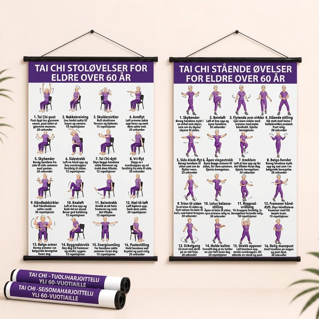 Tai Chi stoltrening – Sett med 2 plakater for enkel hjemmetrening (60+)