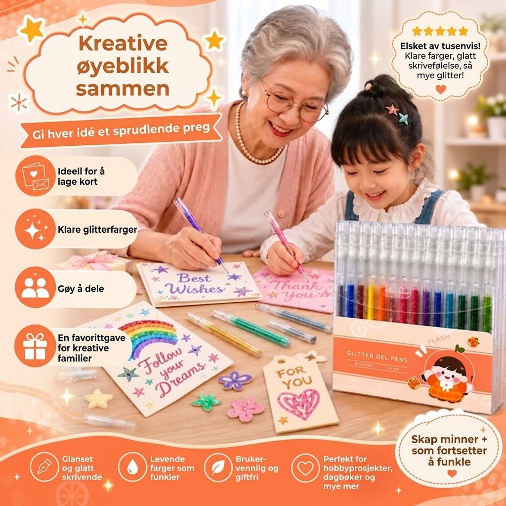 Sett med smittefrie glitter-gelpenner