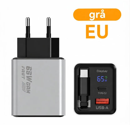65W Type-C Hurtiglader (80 cm) med USB- og Type-C-port